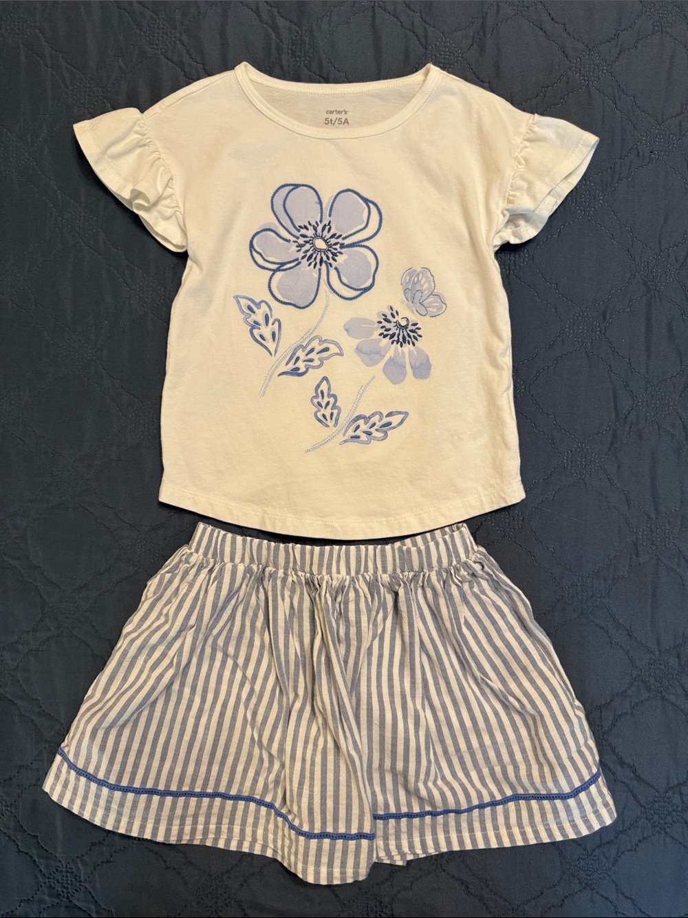 Carter's White Top with Blue Floral Print & Blue-Striped Skort Set